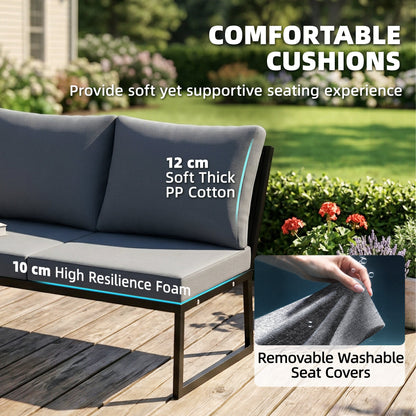 4 Seater Metal Garden Furniture Set, Corner Garden Sofa Set with 2 Loveseats, 2 Nesting Tables, Arm Side Trays, Teak