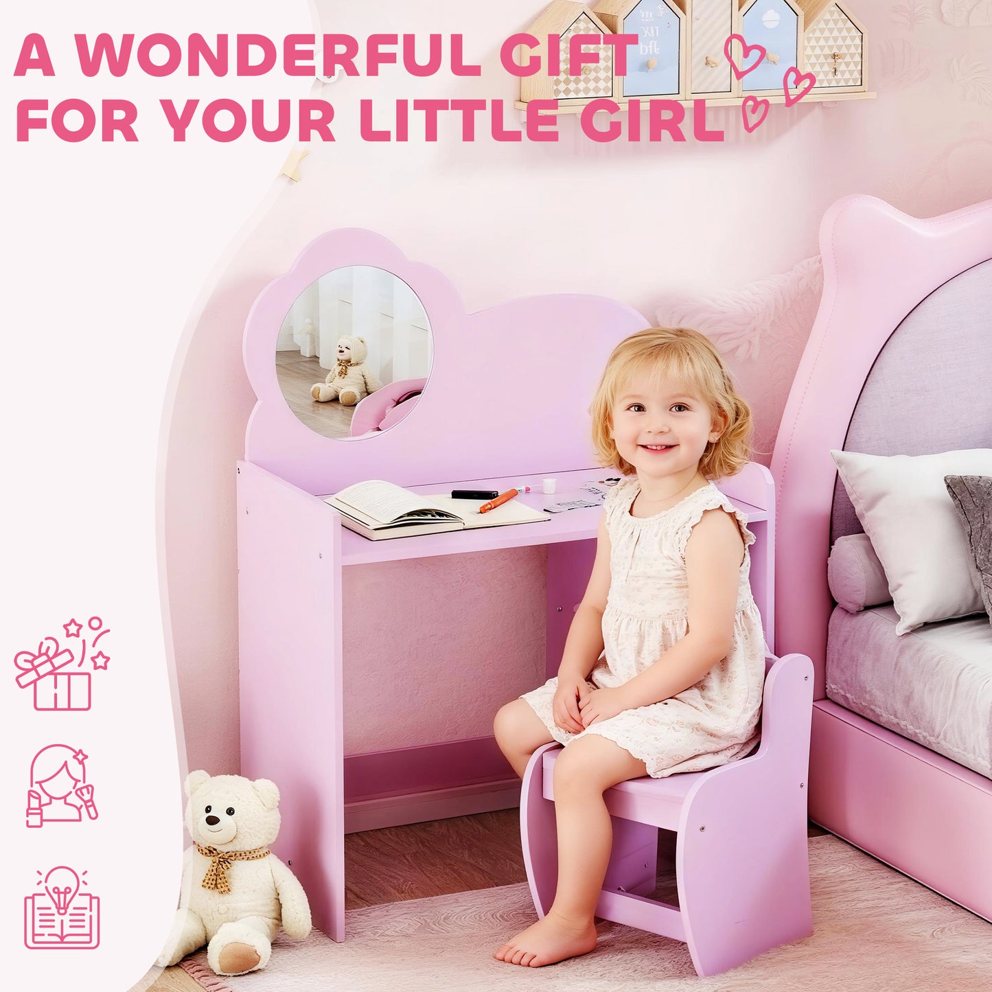 Kids Dressing Table with Mirror, Stool, Kids Vanity Table with Shelves, for Ages 3-8 Years, Purple
