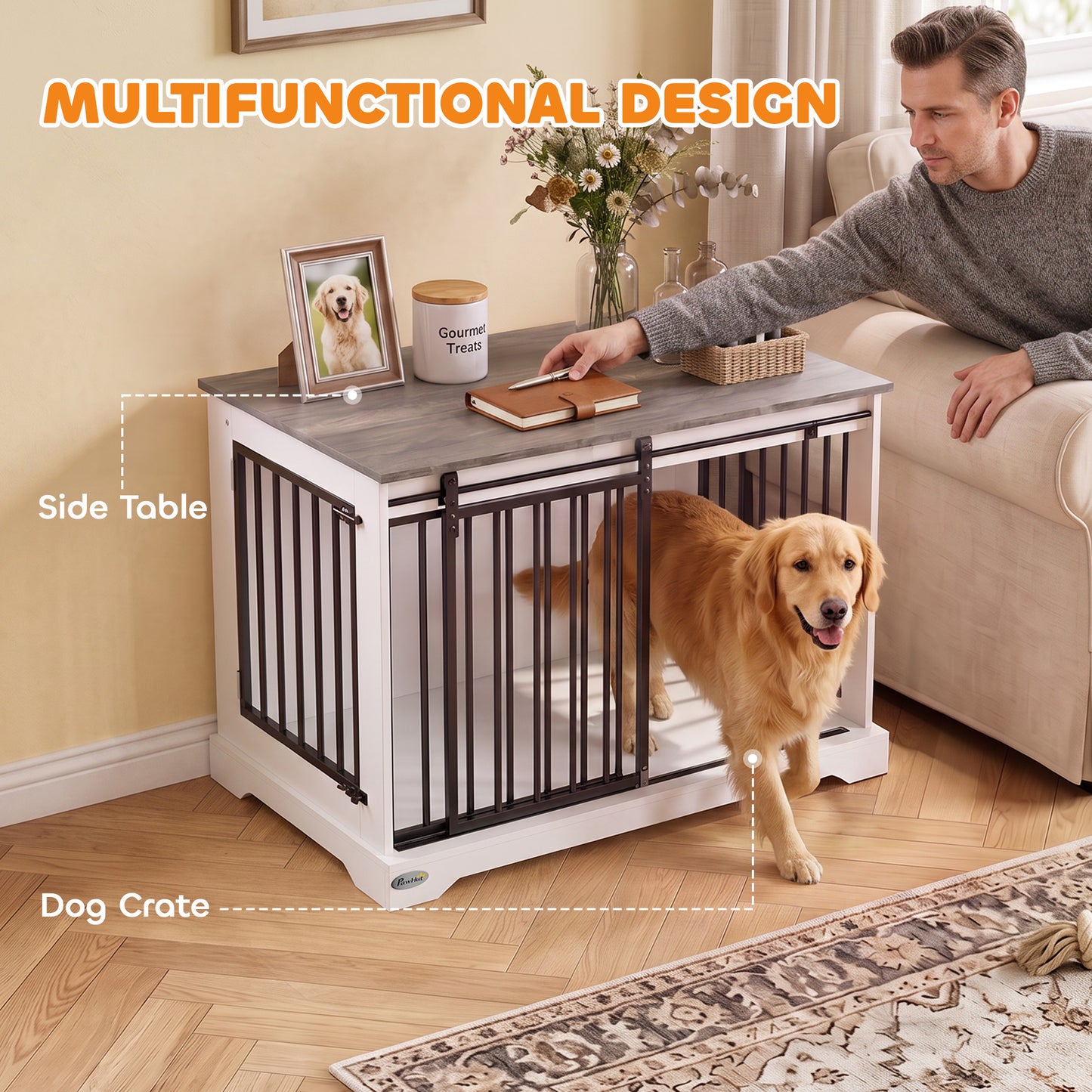 100 cm Large Dog Crate Furniture with Sliding Barn Door for Large Dogs, White