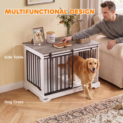 100 cm Large Dog Crate Furniture with Sliding Barn Door for Large Dogs, White