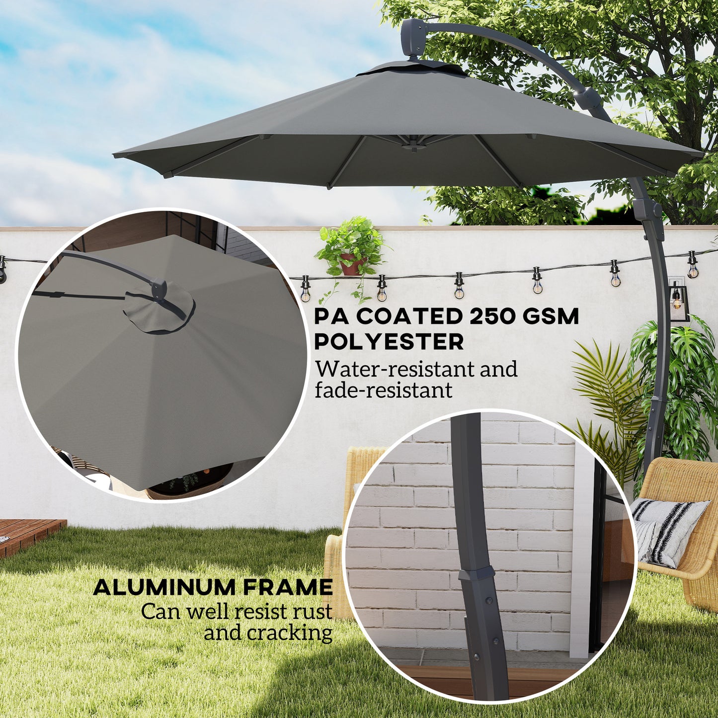 3(m) Garden Cantilever Parasol, Round Overhanging Umbrella with Crank Handle, Cross Base, Aluminium Frame and 360° Rotation