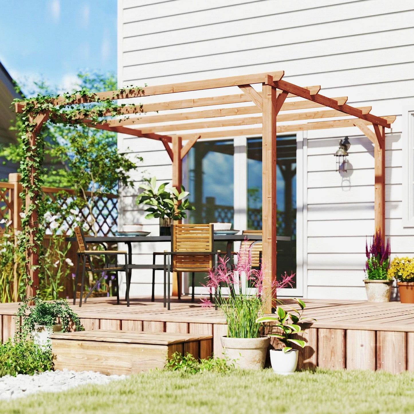 3 x 3 m Wooden Pergola Kit, Garden Pergola Gazebo Grape Trellis with Triangle Supports, 5 Beams, Maple Wood-effect