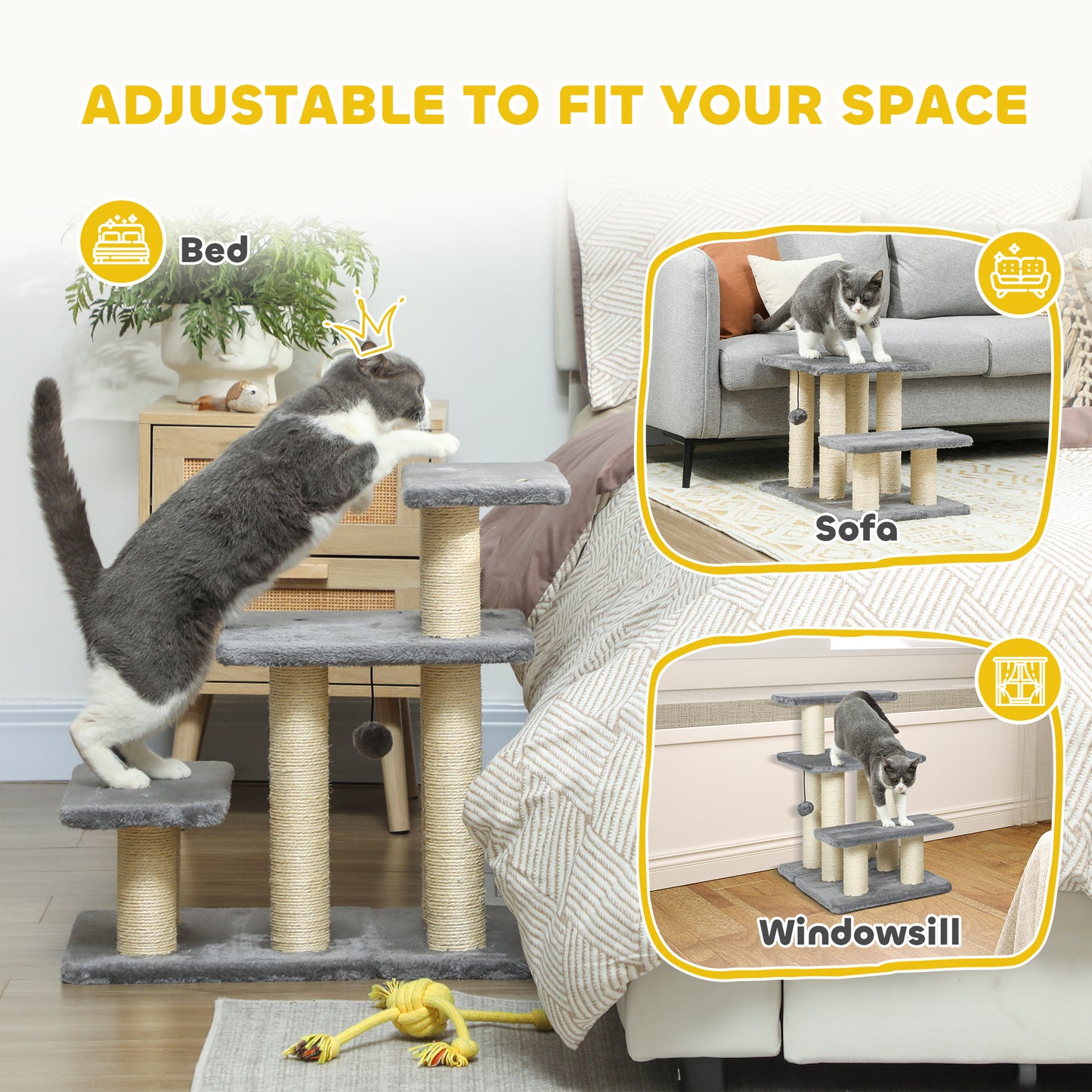 Dog Steps for Bed, 3 Step Adjustable Pet Stairs for Sofa with 6 Sisal Scratching Posts for Small Dogs & Cats, Grey