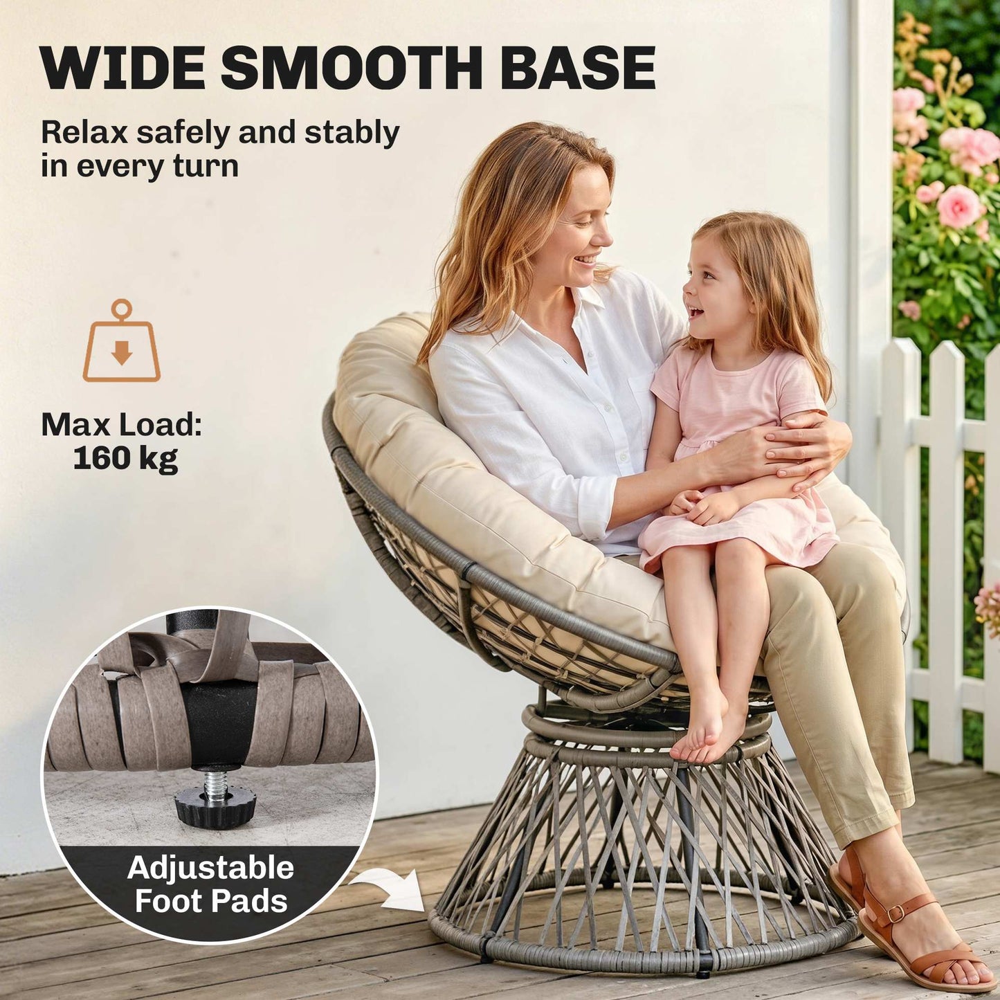 360° Swivel Rattan Moon Bowl Chair Round Lounge Garden Wicker Basket Seat with Padded Cushion Oversized for Outdoor Indoor