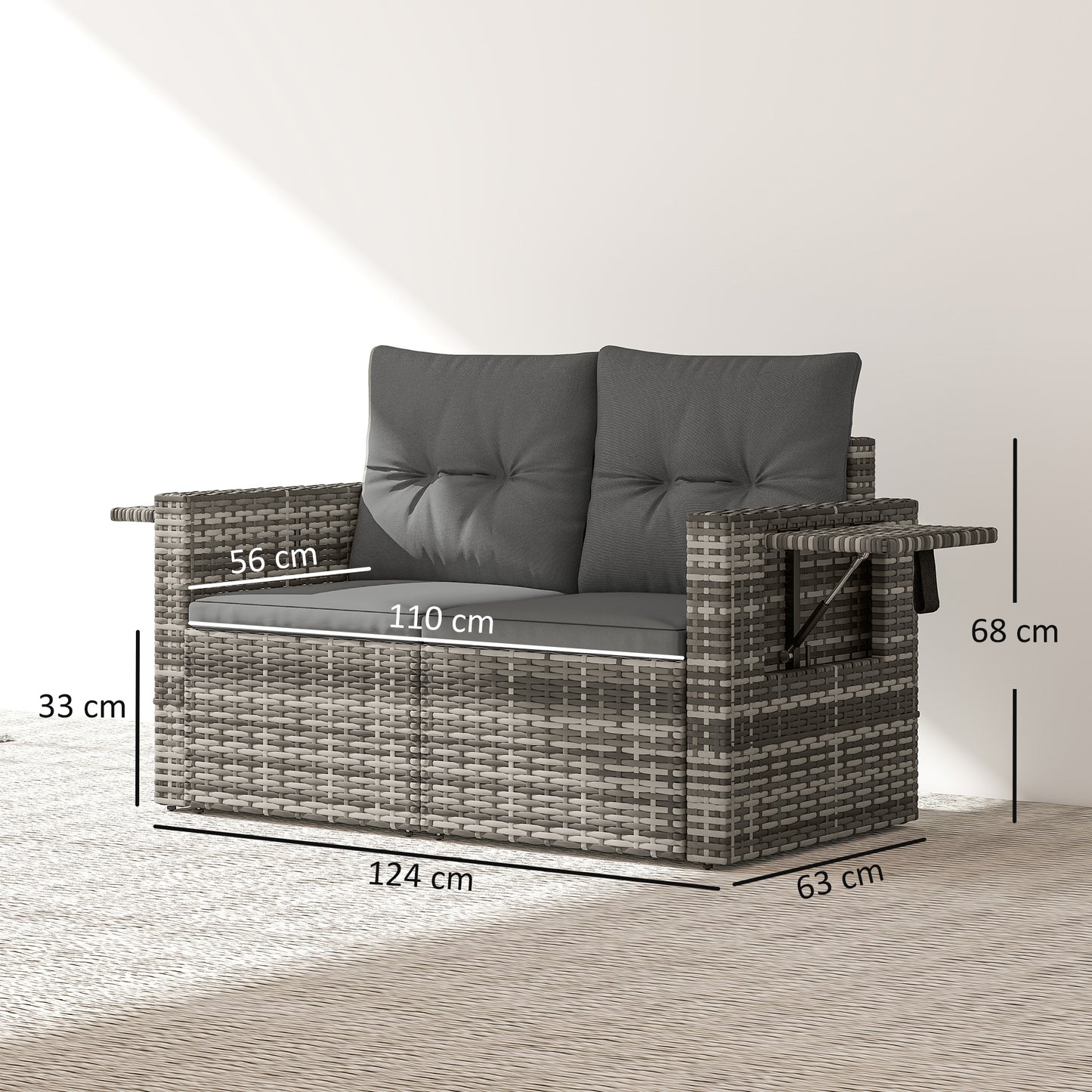 2 Seater Rattan Garden Sofa Outdoor Loveseat with Hidden Side Trays and Cushions for Patio Balcony, Dark Grey