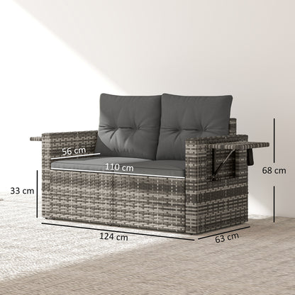 2 Seater Rattan Garden Sofa Outdoor Loveseat with Hidden Side Trays and Cushions for Patio Balcony, Dark Grey