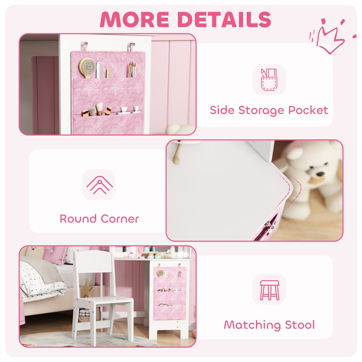 Kids Dressing Table and Stool Set, Girls Vanity Table with 2-Colour LED Lights, Tri-Folding Mirror, White