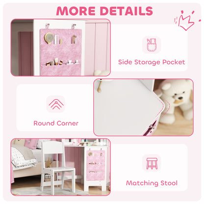 Kids Dressing Table and Stool Set, Girls Vanity Table with 2-Colour LED Lights, Tri-Folding Mirror, White