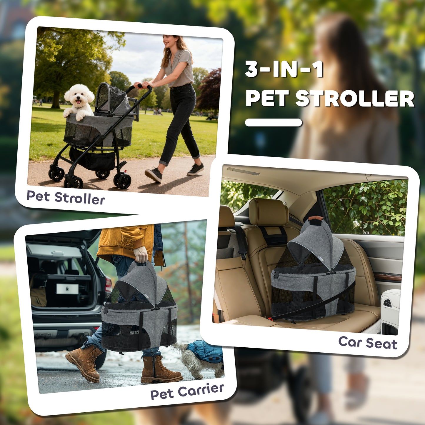 Pet Stroller, Foldable Dog Cat Stroller with Detachable Carrier, Wheels, Storage Basket, Secure Leash