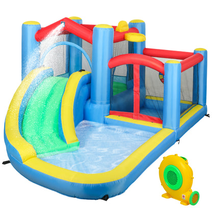 Inflatable Bouncy Castle with 550W Blower, Basketball Hoop, Long Slide, Dart Board, Carrying Bag, 385 x 290 x 180 cm