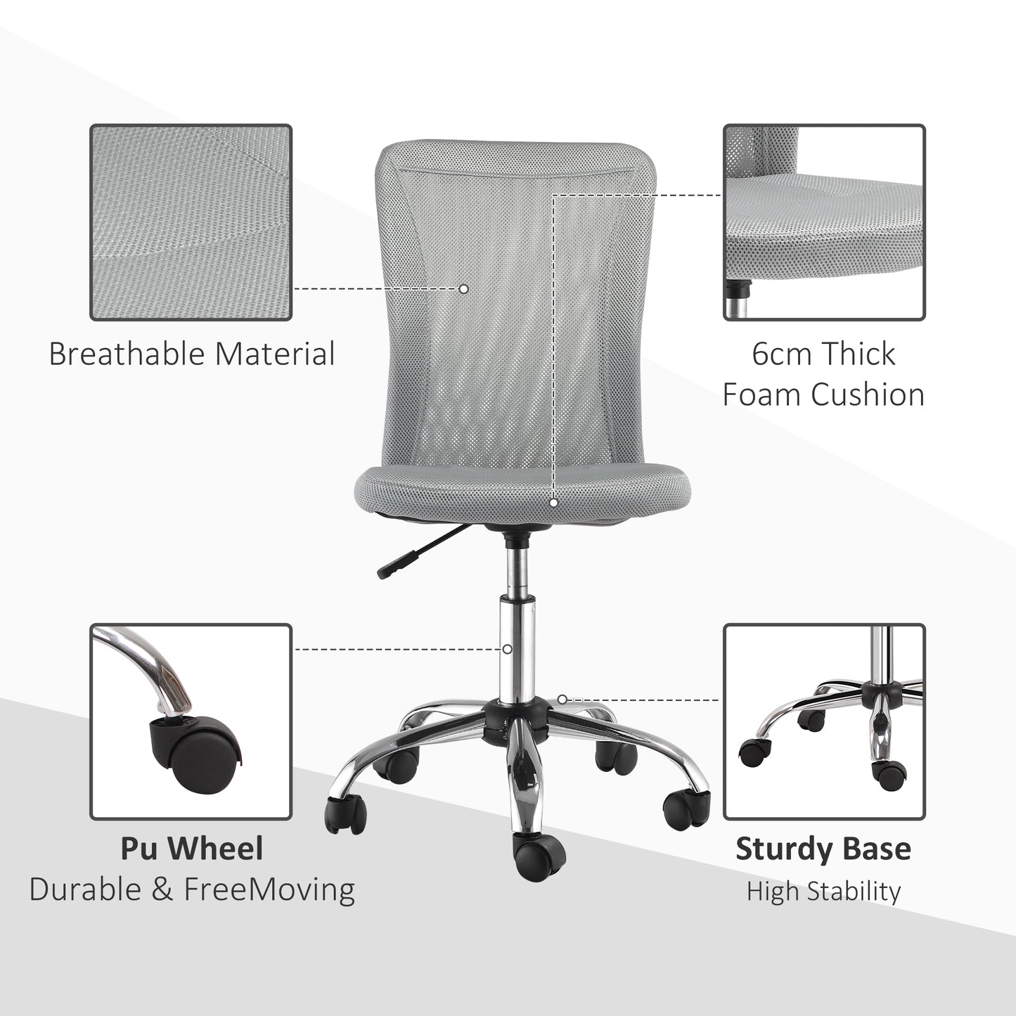 Office Chair, Armless Desk Chair, Adjustable Computer Swivel Chair with Rolling Wheels and Mesh Back for Home Work Study