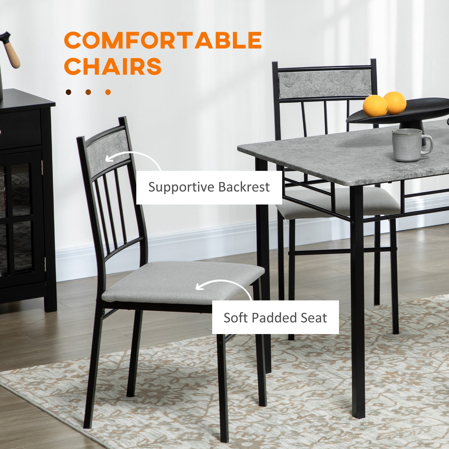 Five-Piece Marble Effect Dining Table Set - Grey/Black