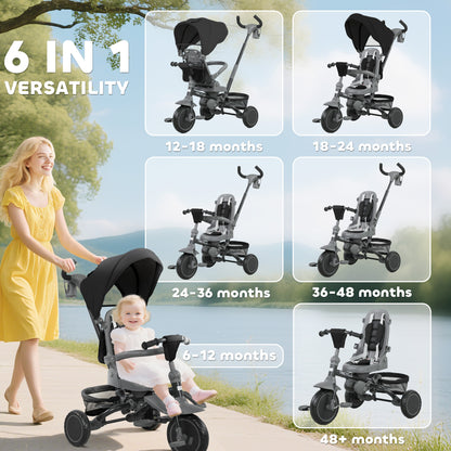 6 in 1 Foldable Kids Trike with Adjustable Parent Handle & Canopy for Ages 1-5, Black