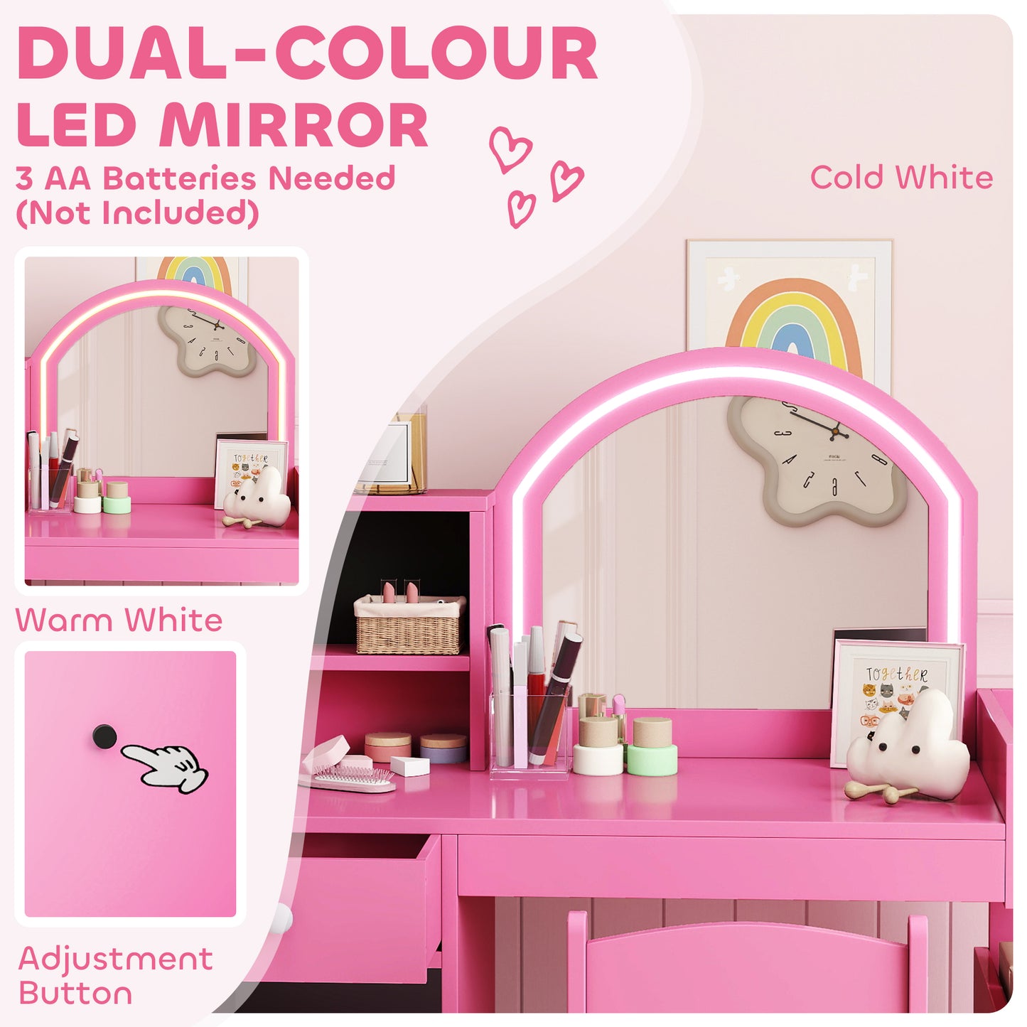 Kids Vanity Table and Chair Set, Girls Dressing Table with 2-Colour LED Mirror, Stool, Cabinet, Drawer, Shelves, Pink
