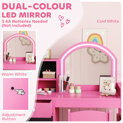 Kids Vanity Table and Chair Set, Girls Dressing Table with 2-Colour LED Mirror, Stool, Cabinet, Drawer, Shelves, Pink