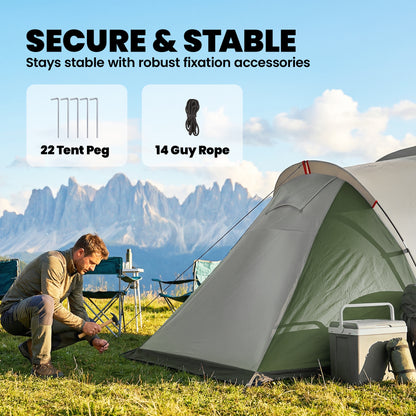 Family Camping Tent 3000mm Waterproof Windproof Tunnel Tent 6 Person Two Bedrooms Green