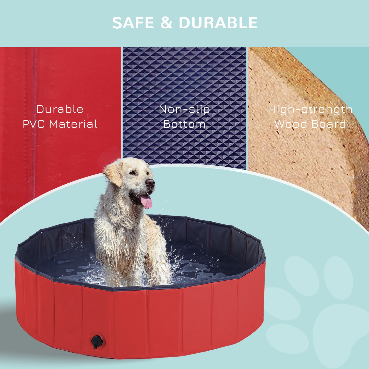 Dog Paddling Pool, Foldable Dog Pool, Leakproof & Hard Plastic, Portable Pet Bathtub with Non-Slip Base & Drainage Hole