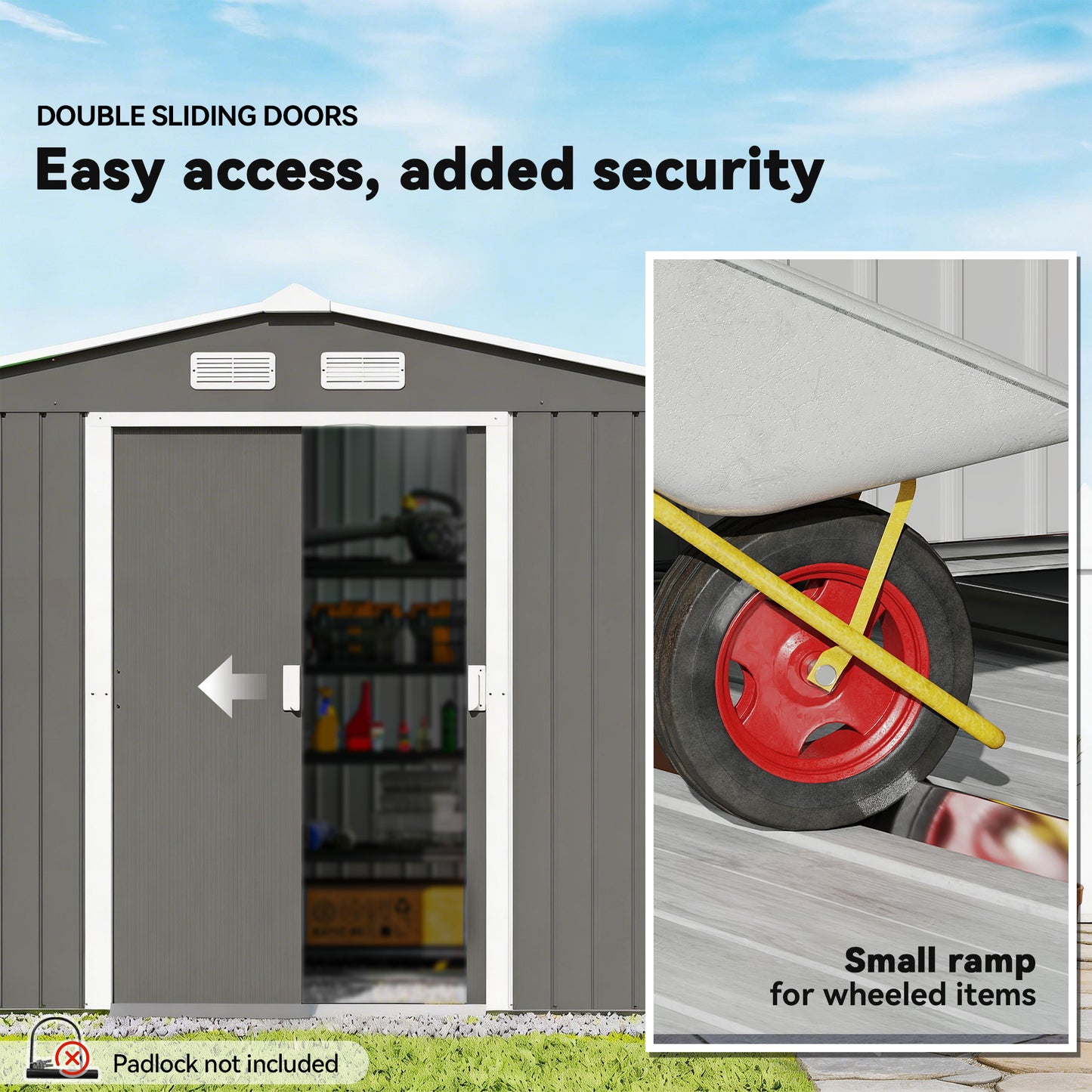 9 x 6FT Outdoor Garden Roofed Metal Storage Shed Tool Box with Foundation Ventilation & Doors Light, Grey