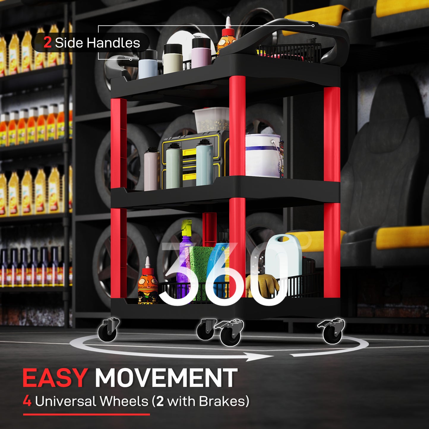 3-Tier Rolling Tool Cart, Tool Trolley on Wheels, Plastic Mobile Service Utility Cart with Handles for Garage
