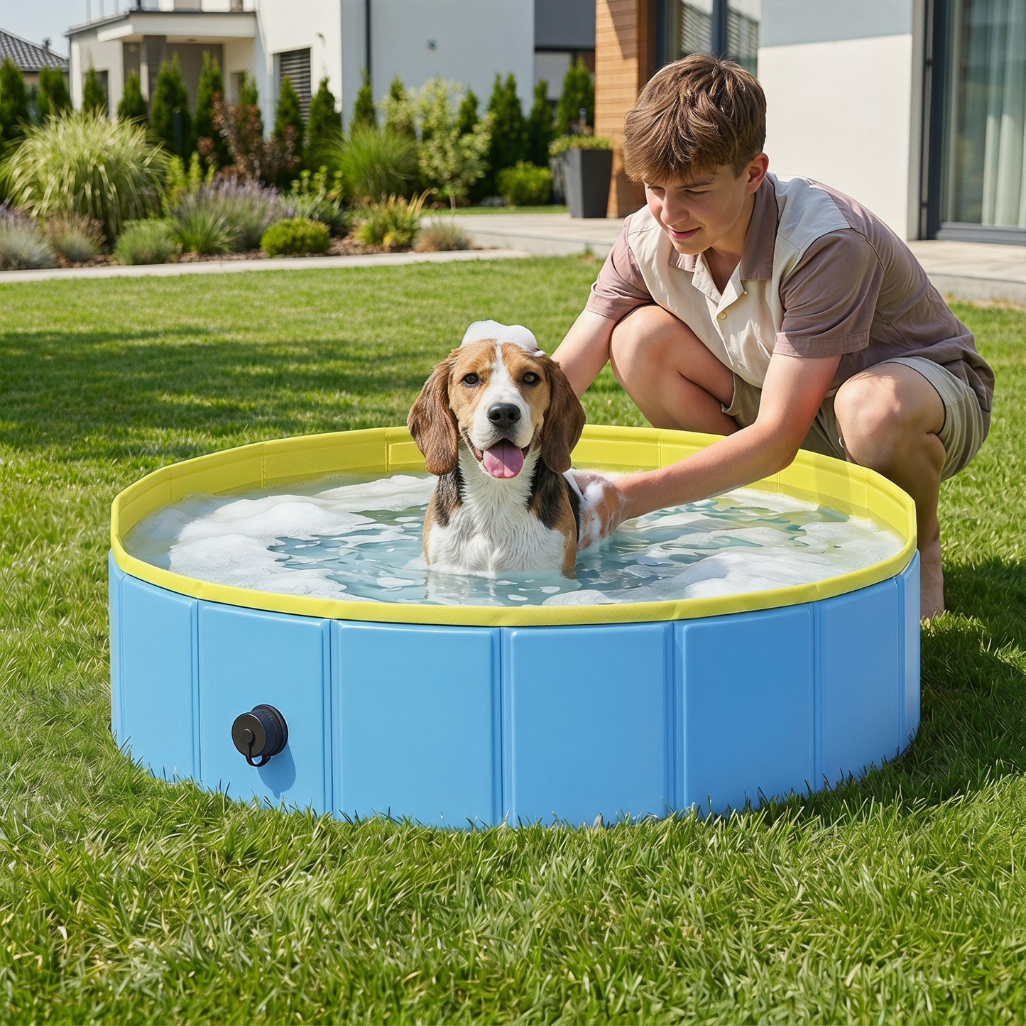 Foldable Dog Pool for Puppies and Ducks Dog Paddling Pool Bath Tub, Blue, 100 x 30 cm