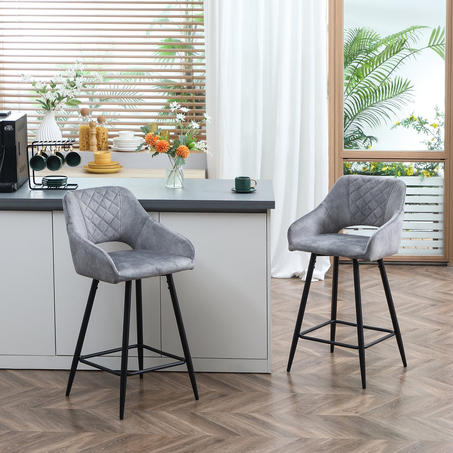 Bar Stools Set of 2, Velvet-Touch Fabric Counter Height Bar Chairs, Kitchen Stools with Steel Legs for Dining Area