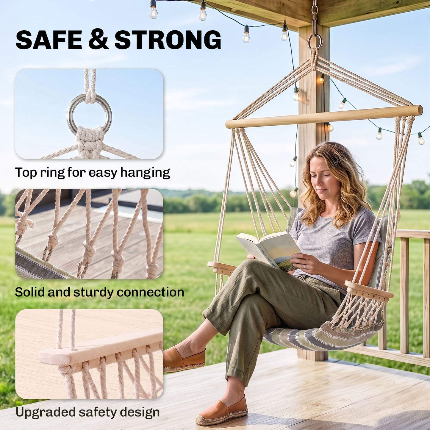 Garden Outdoor Hanging Hammock Chair Thick Rope Frame Wooden Arms Safe Garden Outdoor Spot Stylish Multicoloured stripes