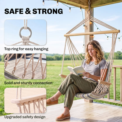 Garden Outdoor Hanging Hammock Chair Thick Rope Frame Wooden Arms Safe Garden Outdoor Spot Stylish Multicoloured stripes