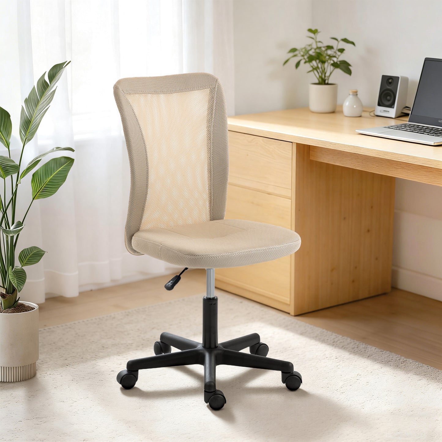Computer Desk Chair, Mesh Office Chair with Adjustable Height and Swivel Wheels, Armless Study Chair, Beige