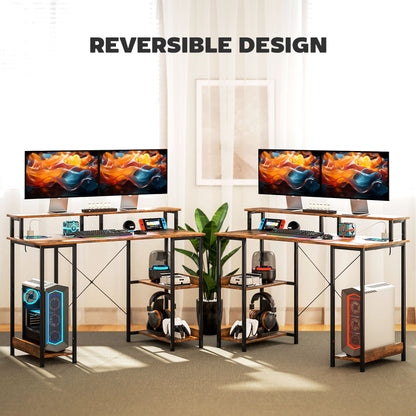LED Computer Desk, with Power Outlets and Shelves - Rustic Brown