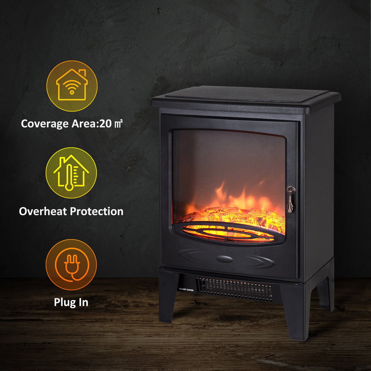 Tempered Glass Casing Electric Fireplace, Freestanding Electric Fire with Realistic Flame Effect, Log Burner