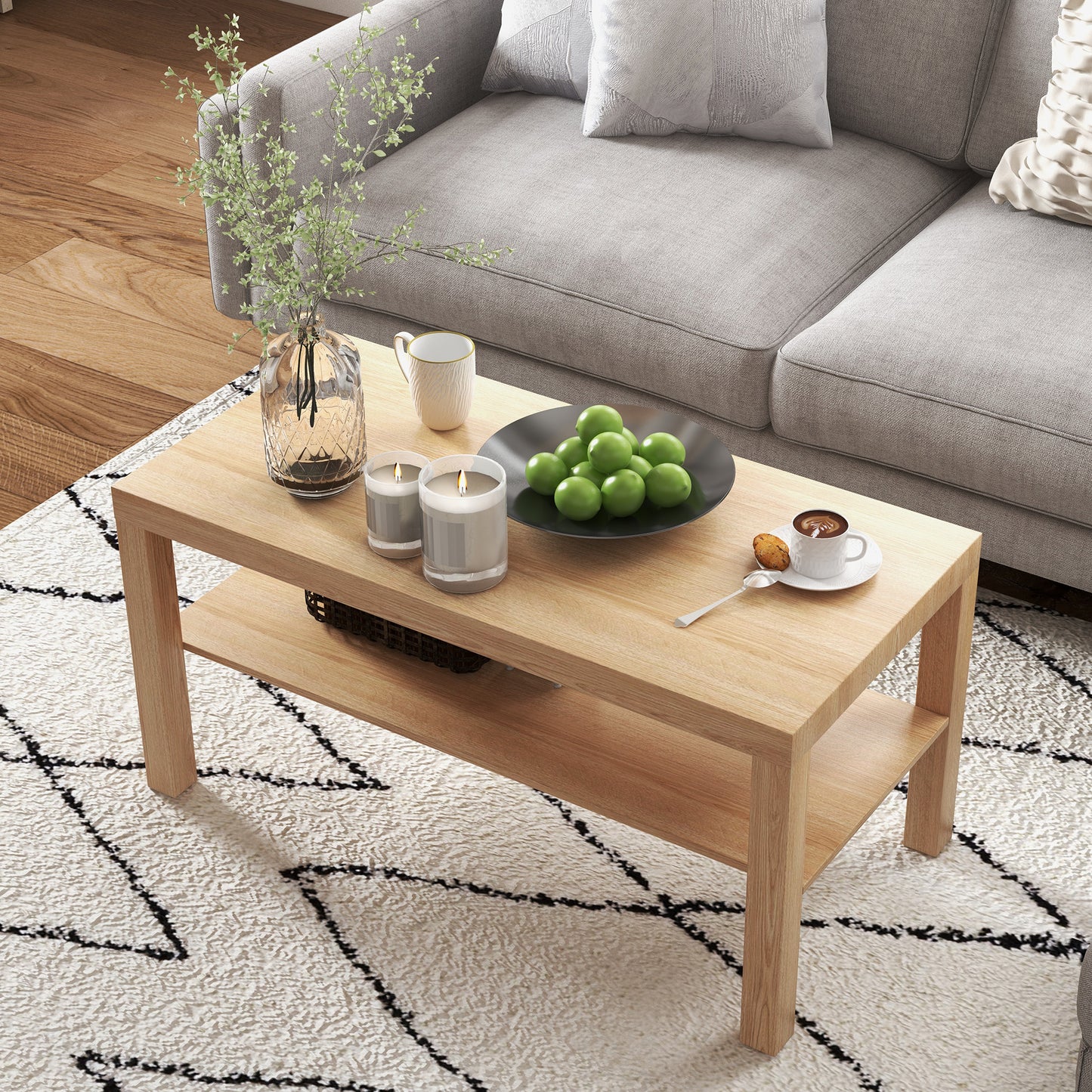 2-Tier Coffee Table with Storage Shelf, Rectangular Centre Table for Living Room, Home Office, Natural Wood Finish