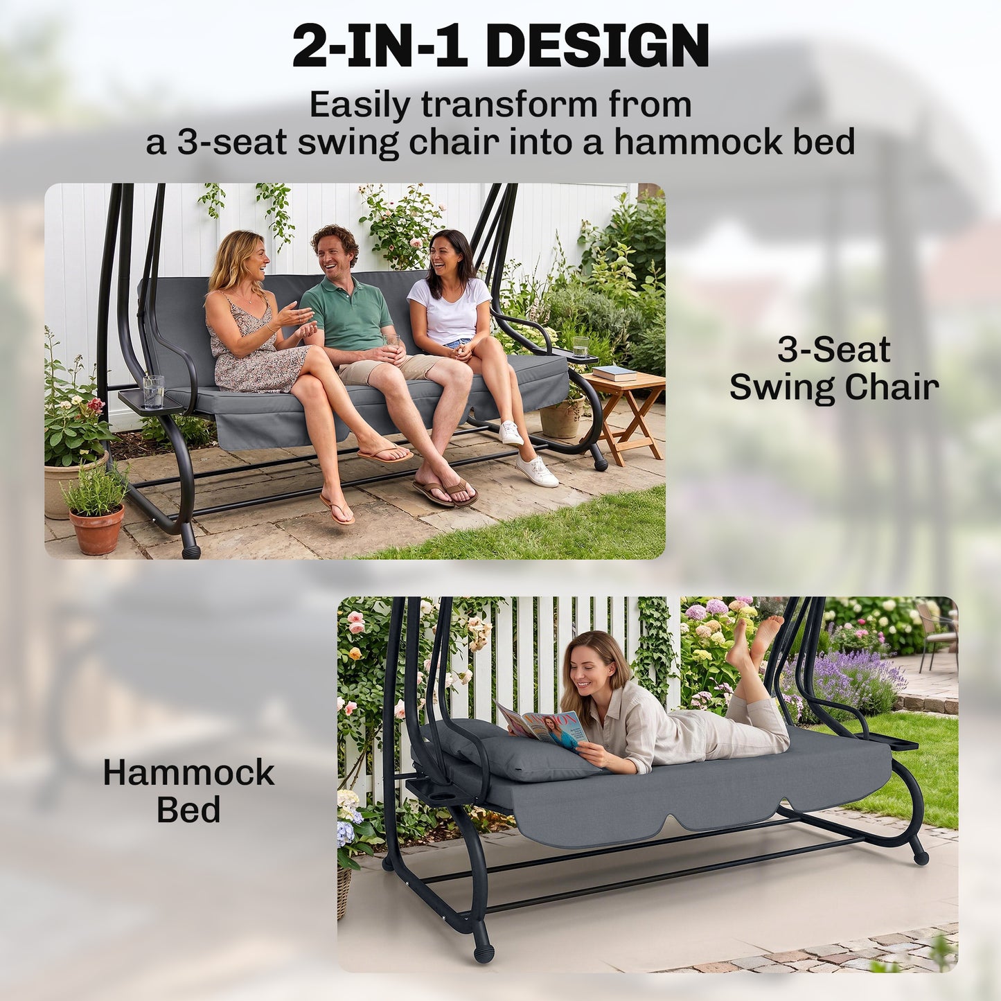 Three-Person garden Swing Chair, with Adjustable Canopy - Dark Grey