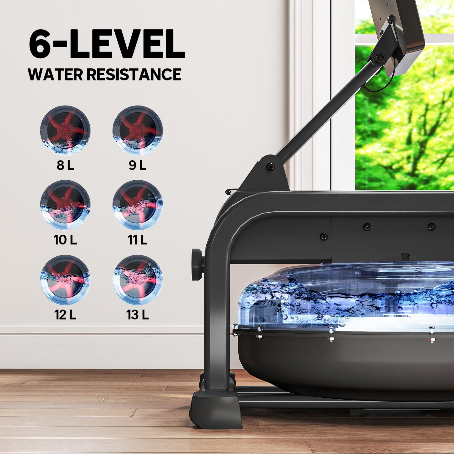 Water Rowing Machine with Wheels, Vertical Storage, Adjustable Resistance, for Strength, Cardio Training