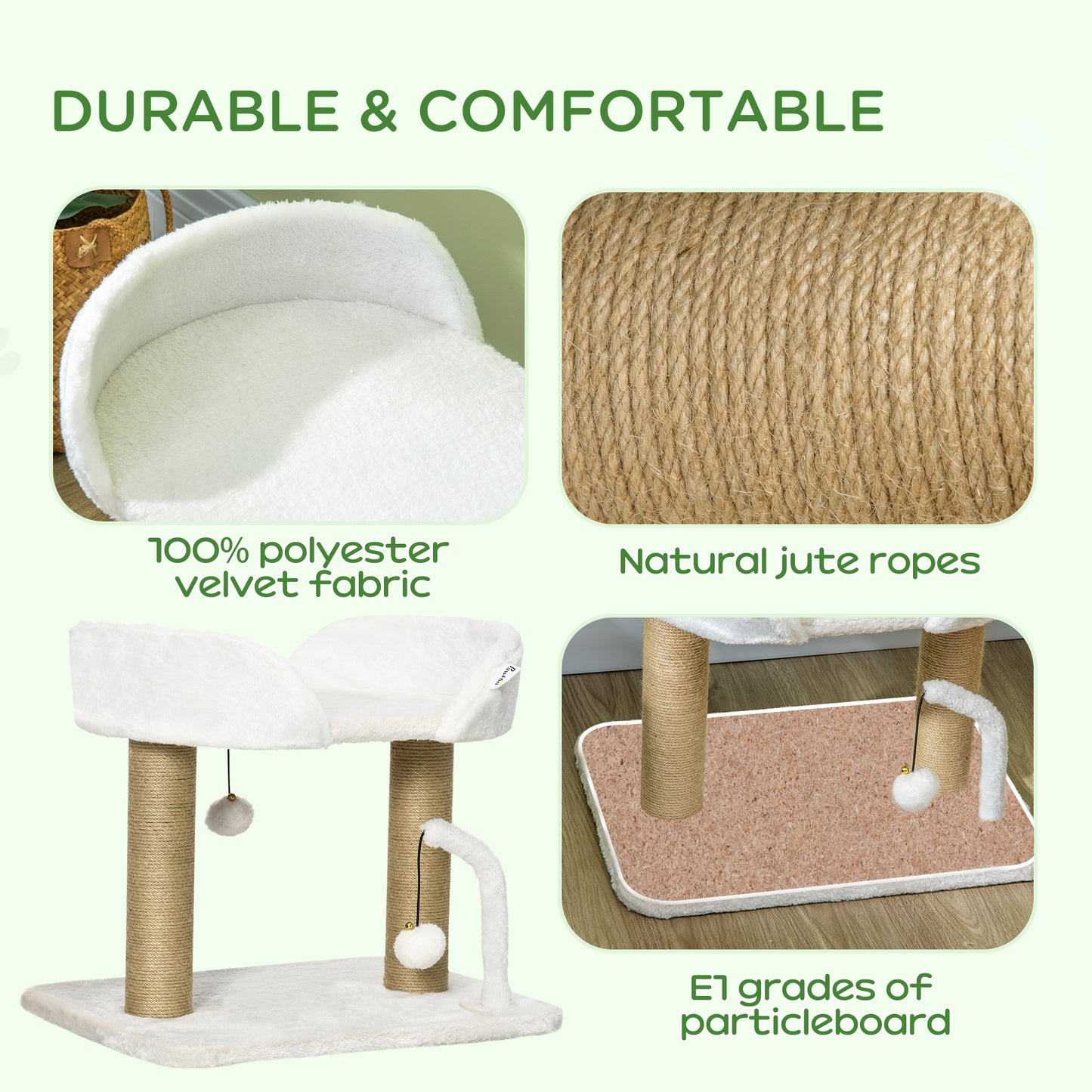 42cm Indoor Cat Tree, with Toy Balls, Jute Scratching Post - White