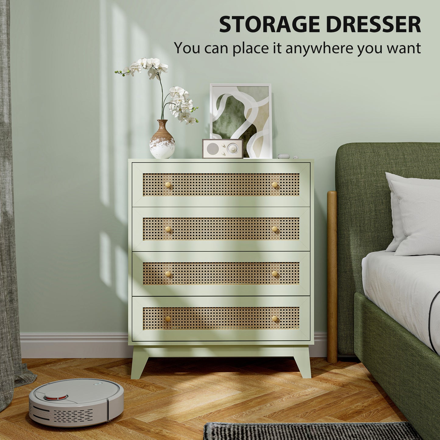 Rattan Chest of Drawers, 4 Drawer Storage Unit with Tapered Legs, Bedroom Storage Organiser Dresser for Bedside, Entryway