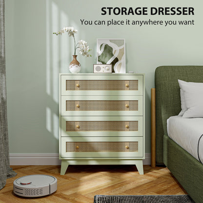 Rattan Chest of Drawers, 4 Drawer Storage Unit with Tapered Legs, Bedroom Storage Organiser Dresser for Bedside, Entryway