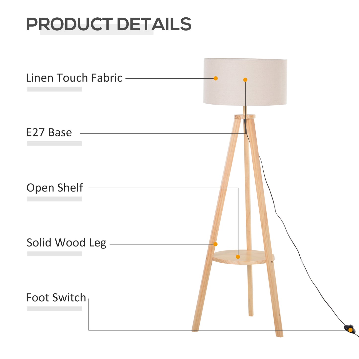 Tripod Floor Lamp, Freestanding Bedside Light Reading Light with Storage Shelf and Linen Shade for Living Room Bedroom