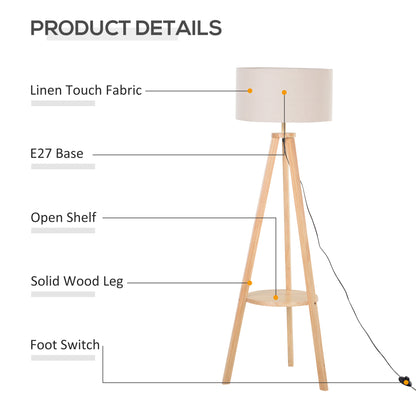 Tripod Floor Lamp, Freestanding Bedside Light Reading Light with Storage Shelf and Linen Shade for Living Room Bedroom