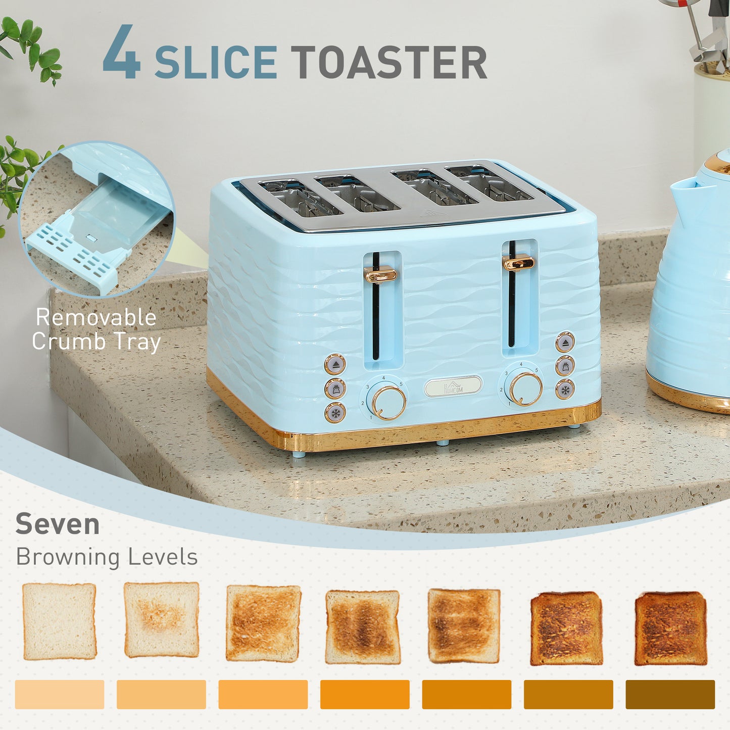3000W 1.7L Kettle & 4 Slice Toaster, Kettle and Toaster Set with 7 Browning Controls and Crumb Tray, Light Blue