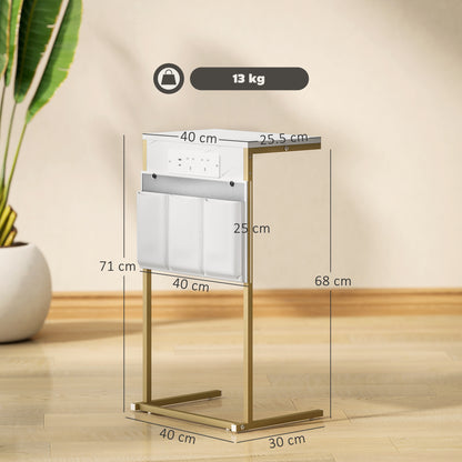 C-Shaped Bedside Table with Charging Station, Marble Grain Side Table with Power Outlets & USB Ports, Storage Bags