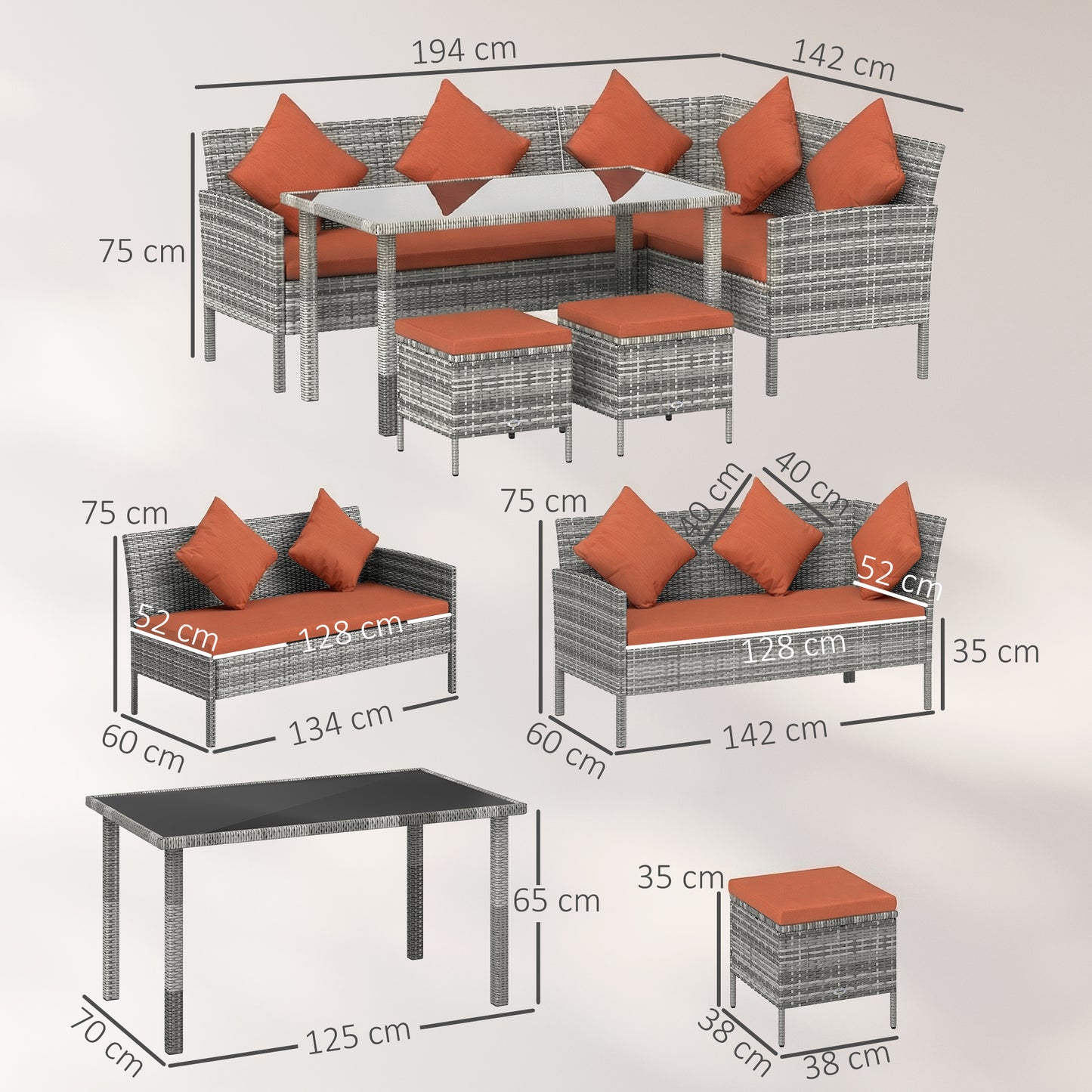 6-Seater Rattan Dining Set Sofa Table Footstool Outdoor w/ Cushion Garden Furniture, Orange
