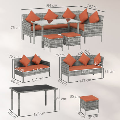 6-Seater Rattan Dining Set Sofa Table Footstool Outdoor w/ Cushion Garden Furniture, Orange