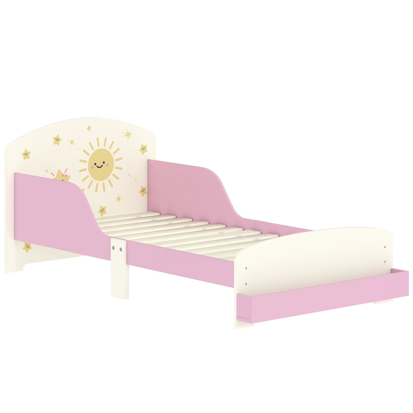 Toddler Bed with Storage, Guardrails, Sun Design, for Ages 3-8 Years, Fits 140 x 70cm Mattress