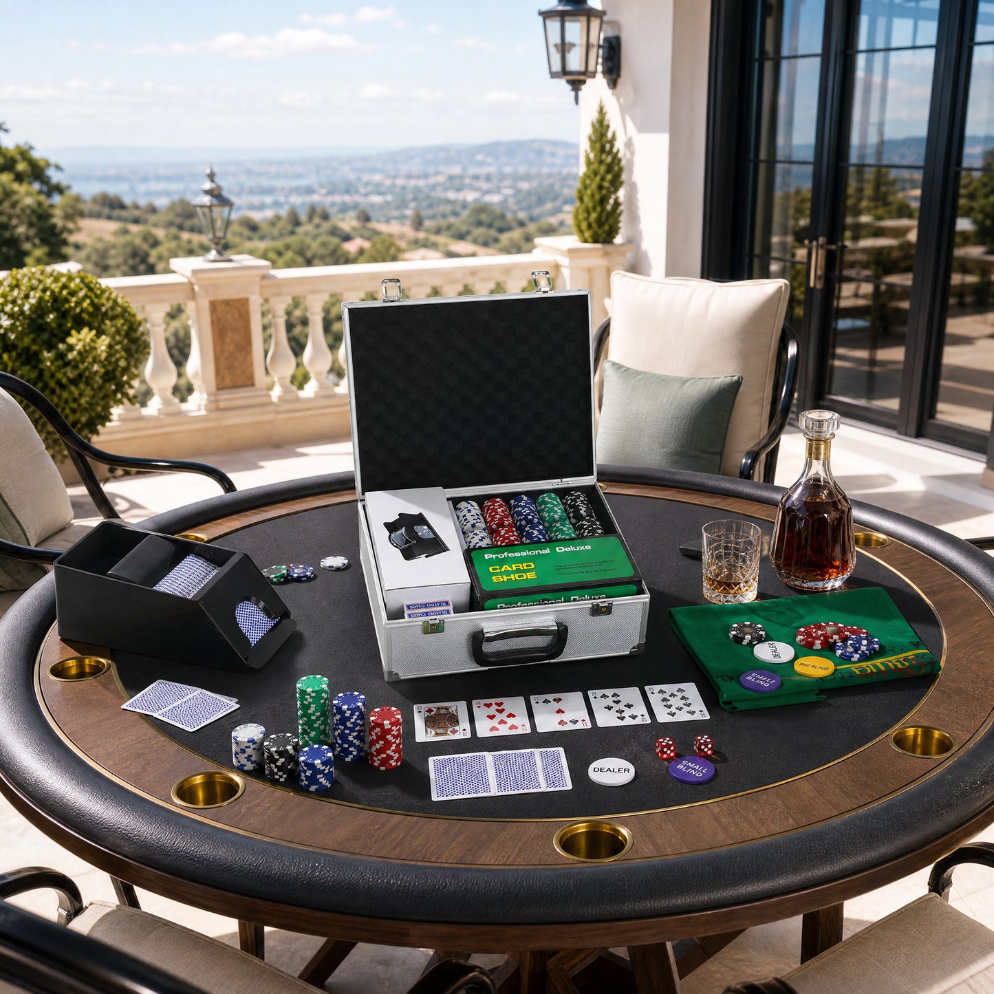 300-Piece Poker Chips Set with Card Shuffler, Card Shoe, Case, Casino Texas Holdem Poker Set with Mat, Silver Tone