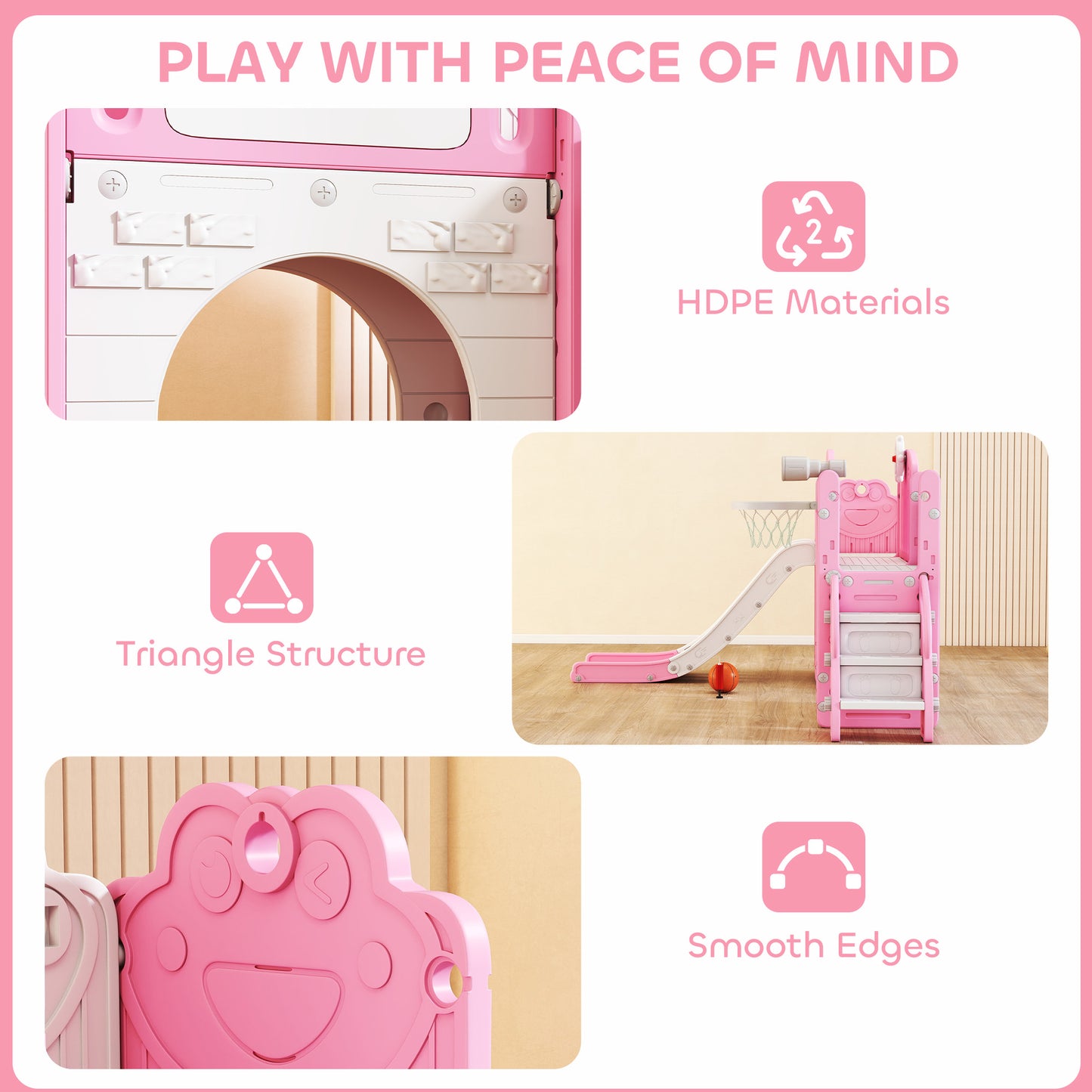 7 in 1 Toddler Slide Set with Basketball Hoop, Climbing Frame, Telescope, Drawing Board, Storage Box, Pink