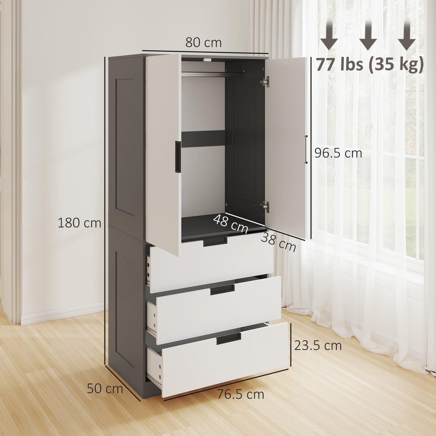 Modern Clothes Storage Cupboard Unit, 3 Drawer 2 Door Wardrobe with Hanging Rod, Grey