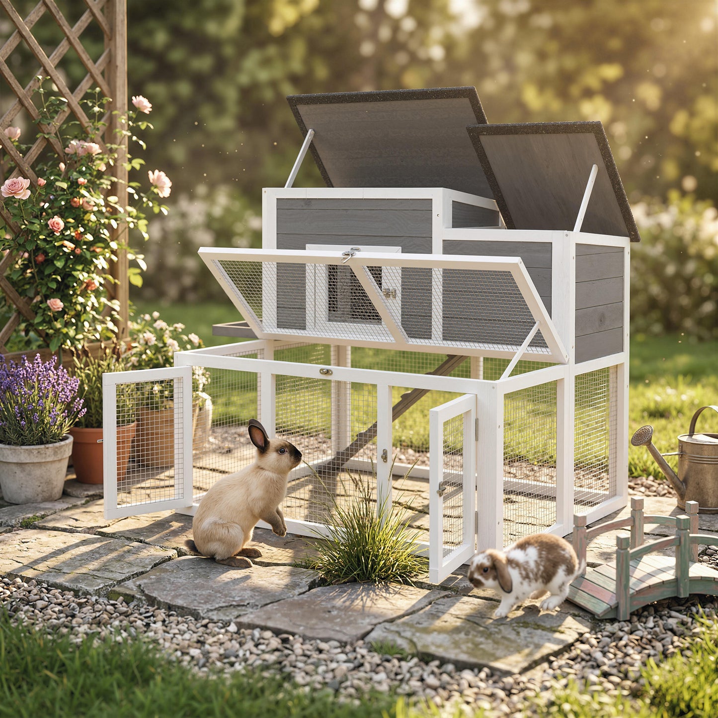 Wooden Rabbit Hutch, Indoor Outdoor Bunny Cage with Waterproof & Openable Roof, Pull Out Tray and Ramp, Guinea Pig Hutch