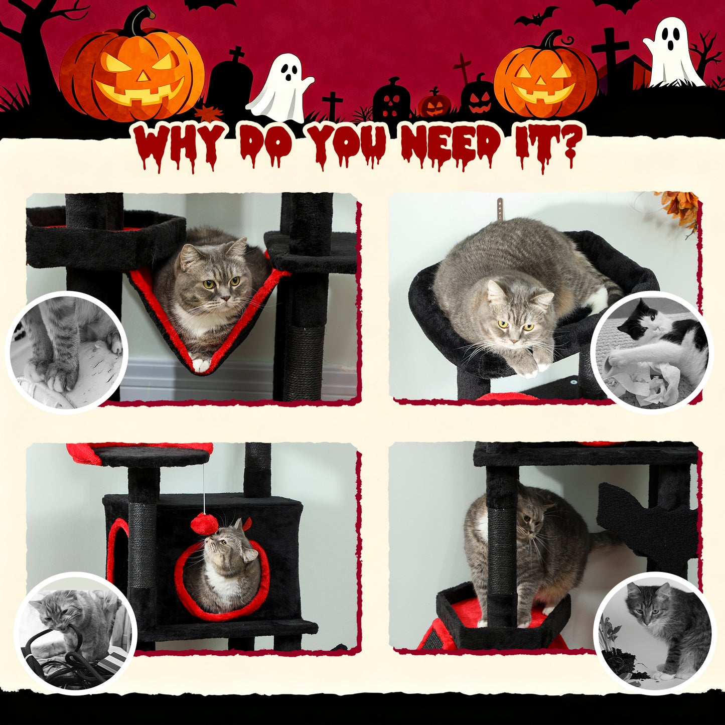 Gothic Cat Tree, 152 cm Multi-Level Cat Tower for Large Cats with Coffin Bed, Large Condo, for Halloween