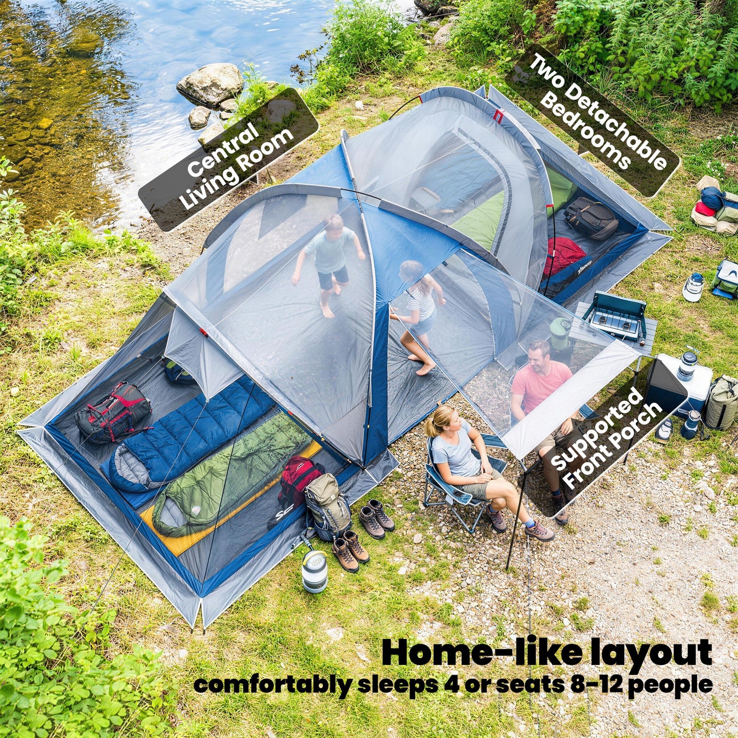 Family Camping Tent 3000mm Waterproof Windproof Tunnel Tent 6 Person, Navy Blue & Light Grey