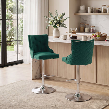 Bar Stools Set of 2, Modern Swivel & Adjustable Velvet Barstools with Button-Tufted Back, Footrest for Home Bar, Green
